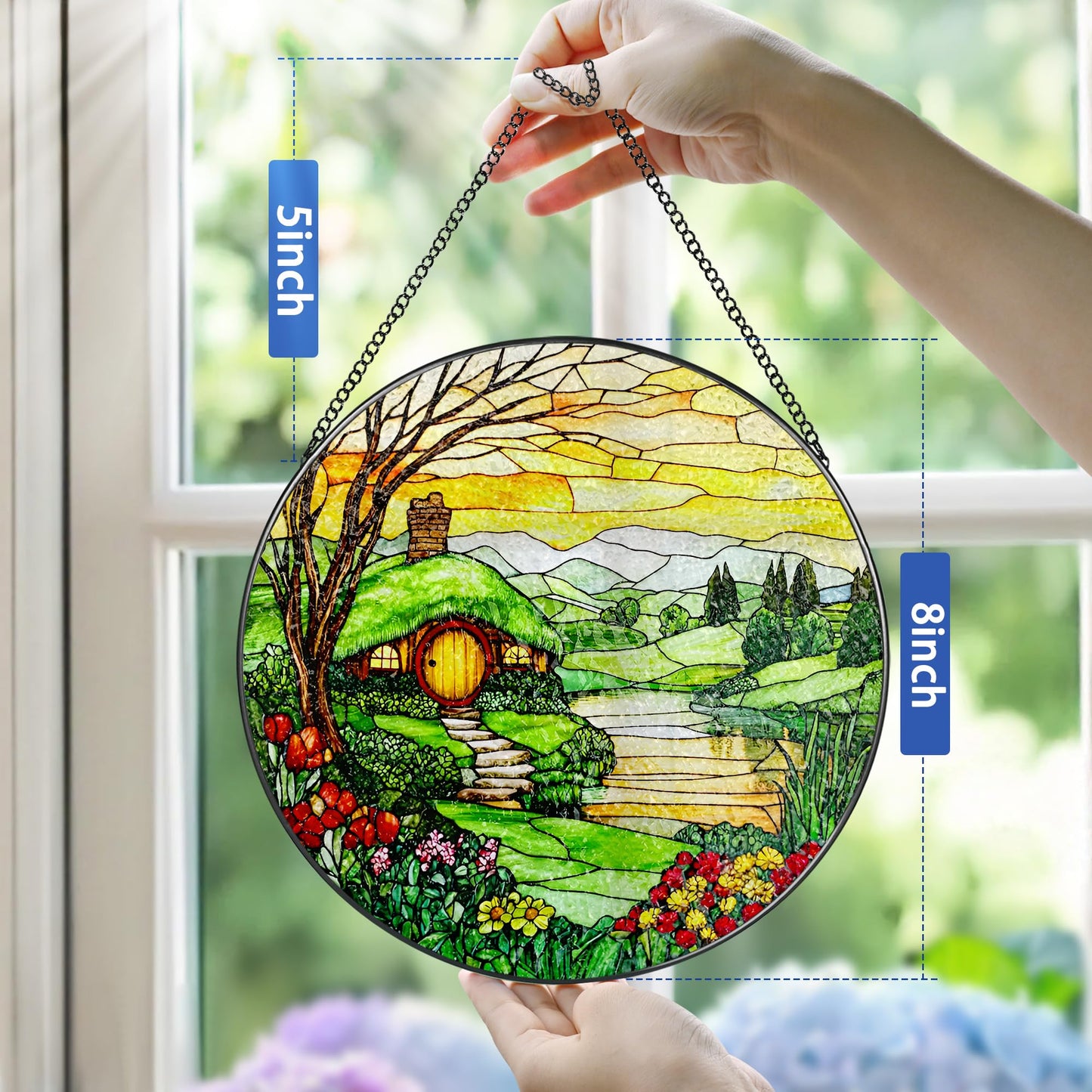 Stained Glass Window Hanging, Pauyadu 8 Inch The Shire Stained Glass Suncatcher, Window Decorations for Home, Mother's Day, Christmas, Birthday Gifts for Women, Mom, and Grandma, Nature Lovers