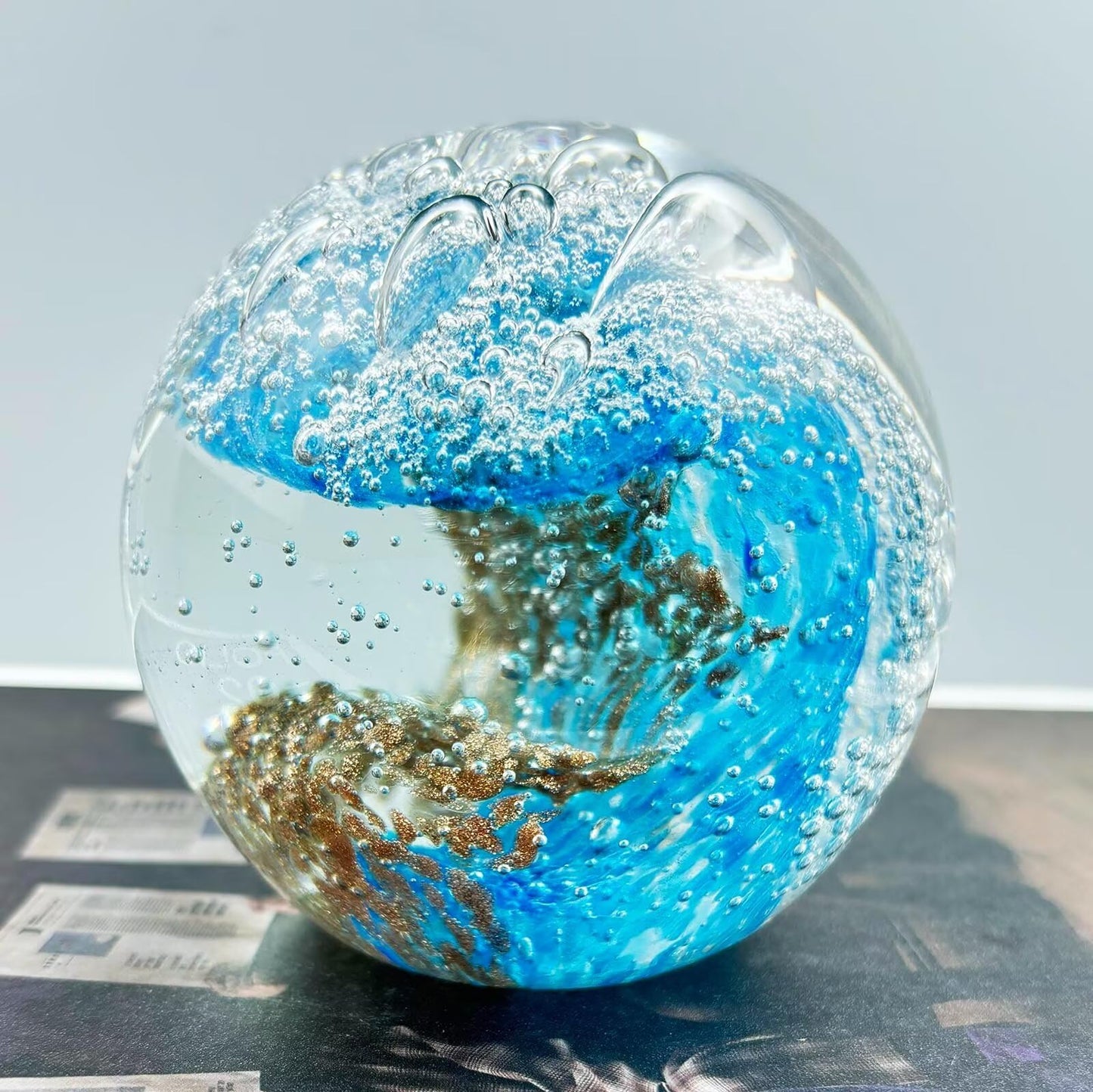 FZBHRO Decorative Crystal Ball Figurines Ocean Waves Paperweight Blown Glass Decor Sea Art Ocean Lovers Gift Blue Amber 3.15"