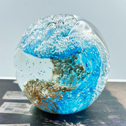 FZBHRO Decorative Crystal Ball Figurines Ocean Waves Paperweight Blown Glass Decor Sea Art Ocean Lovers Gift Blue Amber 3.15"
