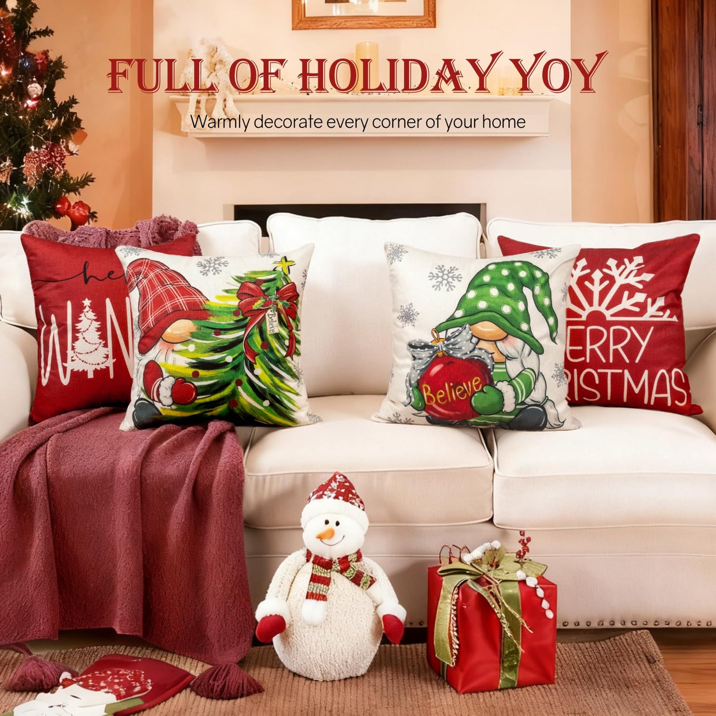 Aursaos Merry Christmas Hello Winter Holiday Pillow Covers 18x18 Set of 4, Red Gnome Green Tree Snowflake Decorative Throw Pillow Case for Couch Sofa Living Room