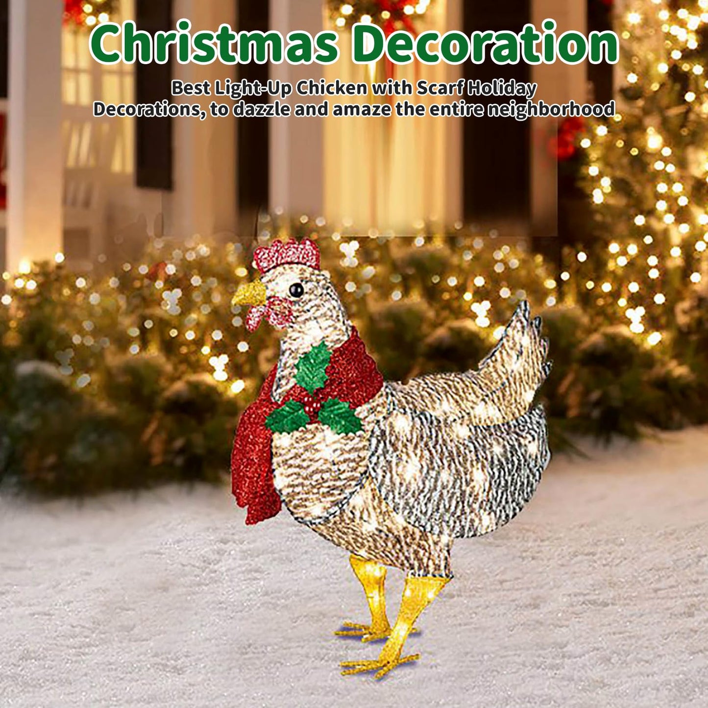 Plplaaoo Light Up Chicken Christmas Decoration with LED Lights – Light-Up Chicken Ornament with Scarf, Battery Operated Outdoor Lighted Chicken Decoration for Garden or Lawn(15.7x9.8in)