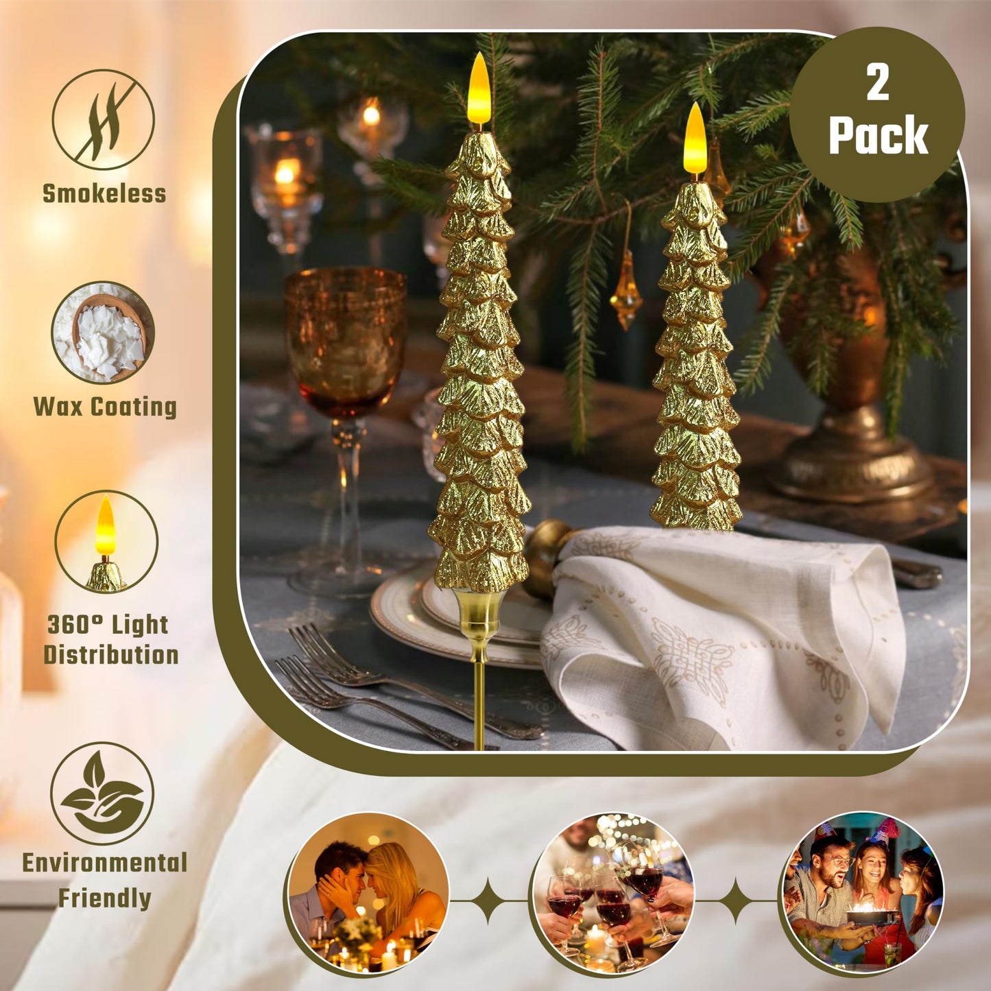 XINAOBAOLUO 10 in Gold Christmas Tree Flameless Candle Window Candles with Remote Timer Battery Operated Taper Candle LED Taper Candles Set of 2