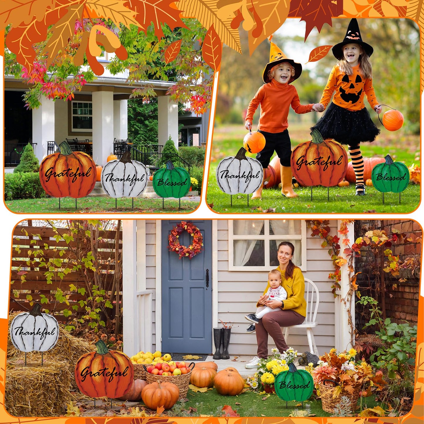 MorningRo 3 Pcs Thanksgiving Fall Yard Signs Outdoor Metal Pumpkin Decorative Garden Stakes, 28''+26''+24'' H Waterproof Pumpkin Yard Decoration for Outside Porch Patio Lawn Autumn Harvest Halloween