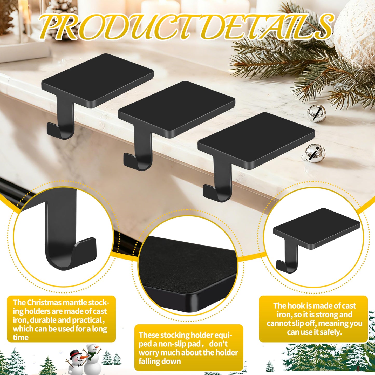 AMAZING TIME 6 Pcs Black Christmas Metal Stocking Holders, Non-Slip Heavy Duty Mantle Hangers Weighted Iron Hooks for Fireplace Tabletop Shelf Xmas Holiday Decoration