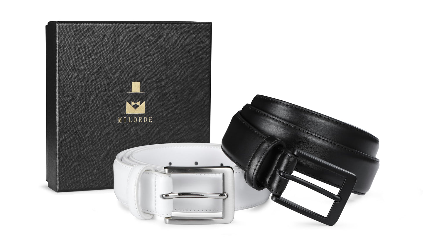 MILORDE Men's Leather Dress Belt 2Pack, Handmade, 100% Cow Leather, Fashion & Classic Designs for Work Business and Casual (2Pack-Black603/White608,36)