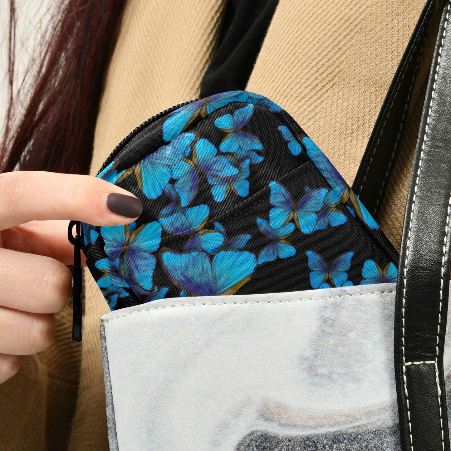 Fustylead Bright Blue Butterflies Travel Pill Organizer Case Zipper for Purse with Removable Weekly Pill Box for Medicine, Vitamin, Supplement Medicine Organizer