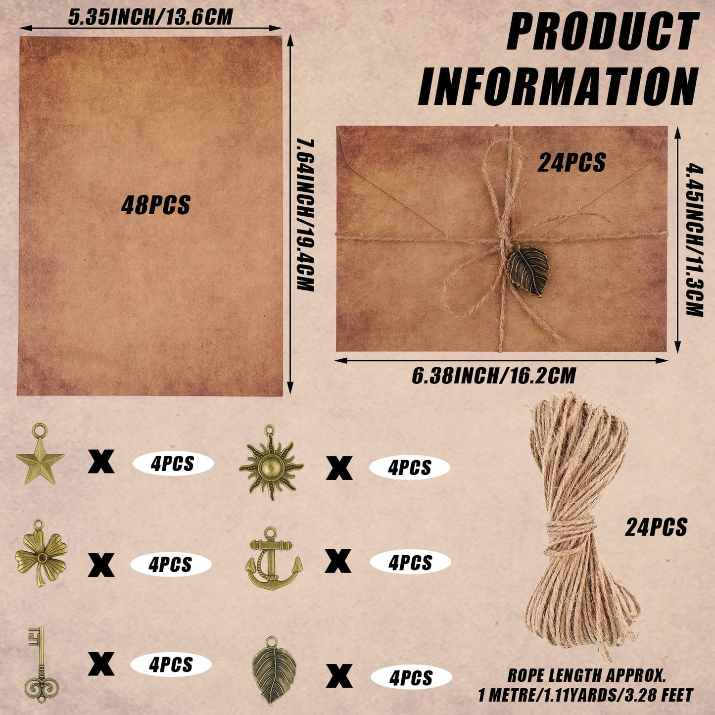 Vintage Stationary Paper and Envelopes Set, Writing Stationery Paper Letter and Envelopes Includes Sheets Antique Letter Papers, Kraft Envelopes, Retro Accessories, Rope (120 Pieces)