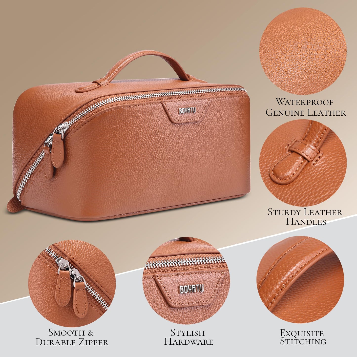 BOYATU Genuine Leather Travel Makeup Bag: Large Capacity 3 Pcs Set Cosmetic Bags for Women - Designer Waterproof Hand-made for Toiletry Organizer - Ladies Travel Essentials for Elegance (01Brown)