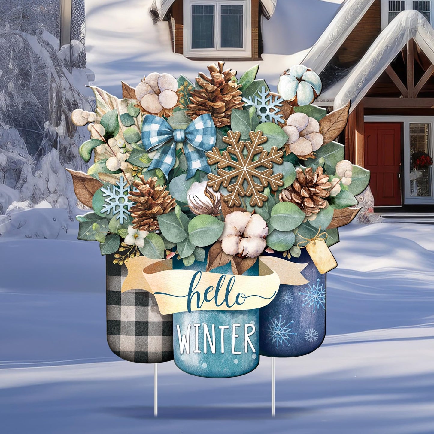 Memorywuu Metal Winter Christmas Decoration Hello Winter Yard Sign Stake 14.2 Inch Snowflake Mason Jar Outdoor Yard Decor for Christmas Party Outside Lawn Decorations Garden Patio Walkway