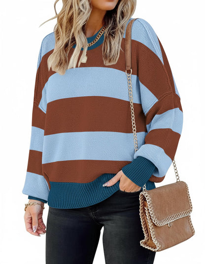 ETCYY Womens Oversized Sweaters Fall 2025 Fashion Clothes Trendy Batwing Sleeve Colorblock Striped Knit Pullover Tops