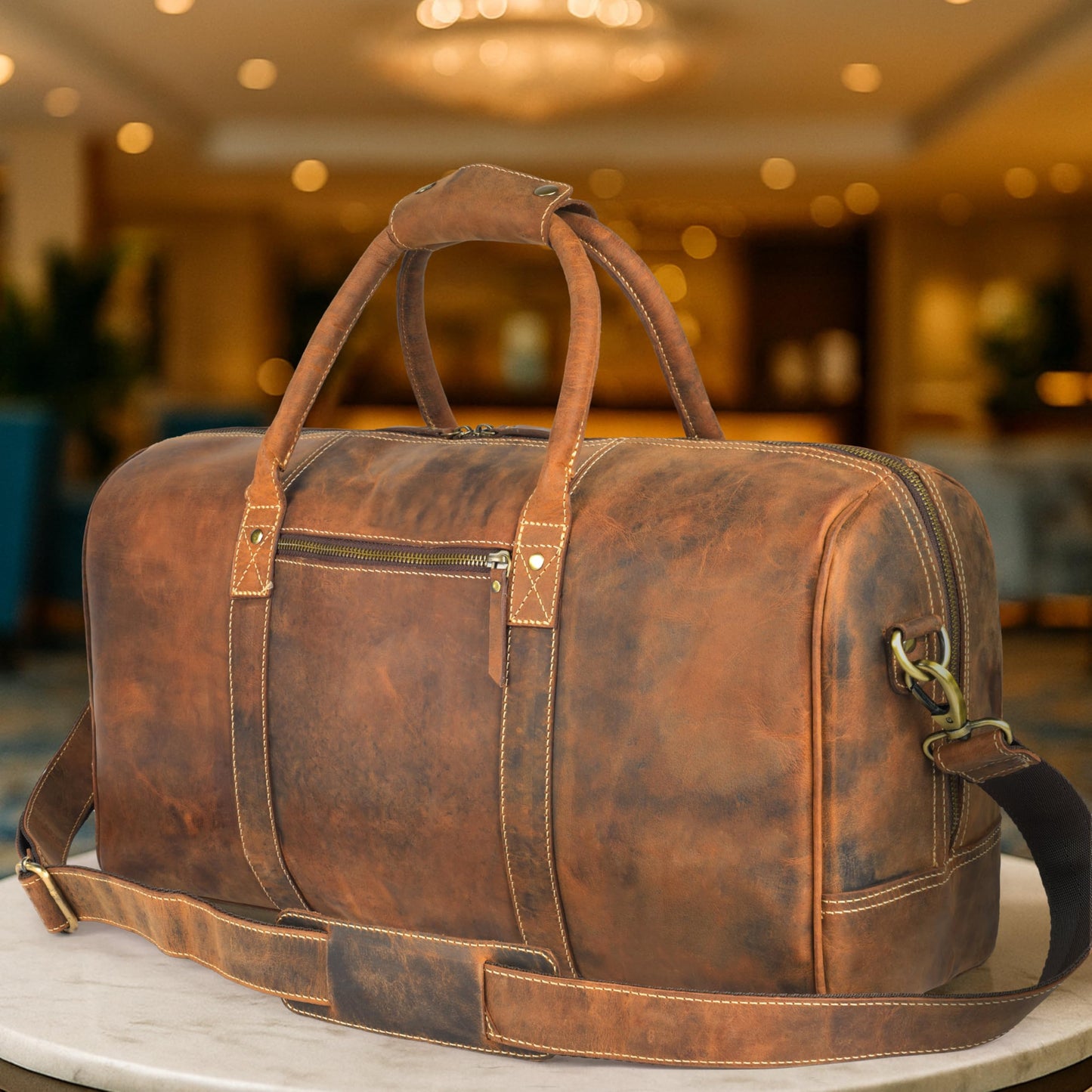 Rasavi Leather Duffel Bag for Men & Women – 20 Inch Travel Weekender, Carry-On, Overnight Travel, Sports & Gym Luggage Bag- Tan