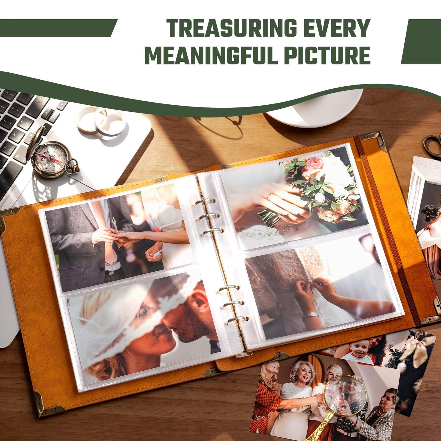 Vintage Photo Album 4x6 Leather Scrapbook Album with Writing Space 120 Photos & 30 Sheets DIY Paper Memory Albums Book for Anniversary Travel Vacation Family Tree, Green