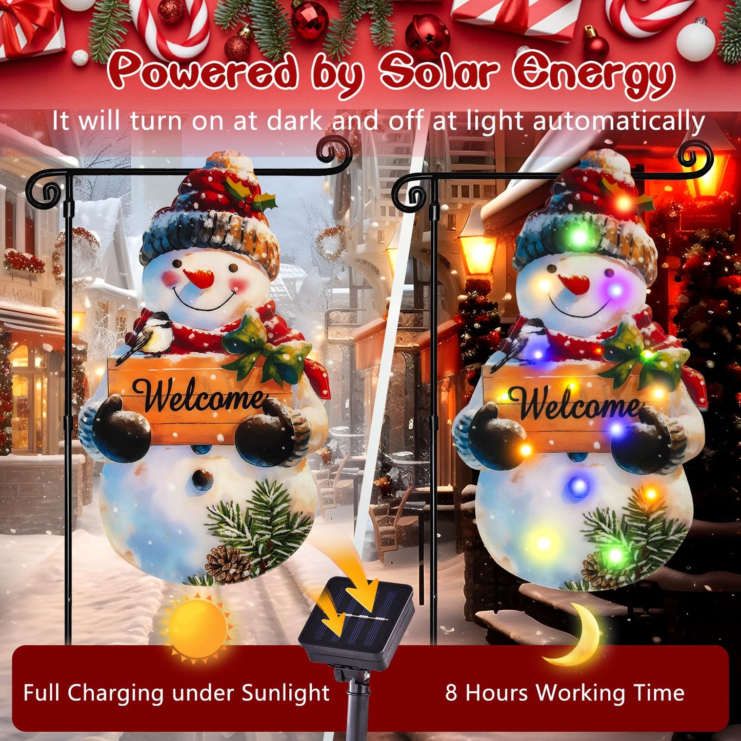 Lighted Christmas Garden Flag 22×13, 8 Modes Double Sided Solar Christmas Decorations Outdoor LED Navidad Flag, Yard Decorations for Xmas Patio Lawn Porch