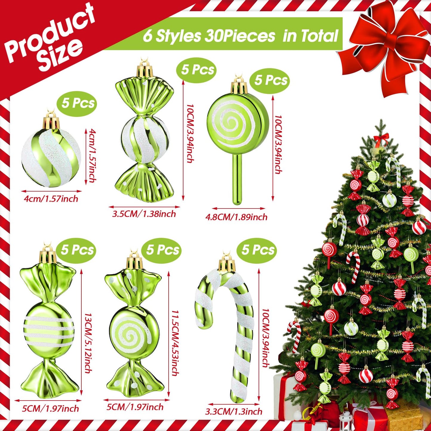 Liliful 30 Pcs Christmas Candy Cane Lollipop Ornaments Set Plastic Holiday Peppermint Candy Home Hanging Ornament Lollipop with Rope for Xmas New Year Party Decor(Red Green White)