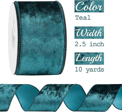 MEEDEE Teal Velvet Ribbon - 2.5 Inch Wired Velvet Crushed Teal Blue Christmas Ribbon, 10 Yards for Tree Decoration, Wreath Supplies, Crafts Bow Making