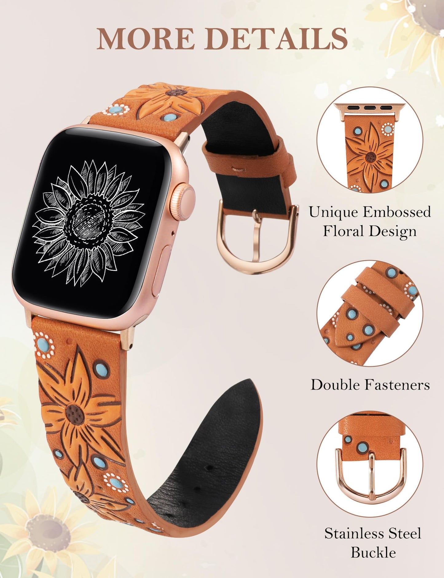 Minyee Leather Band Compatible with Apple Watch Band 41/40/38/44/45/46/49/42mm Women, Boho Western Embossed Sunflower Floral Designer Leather Strap for iWatch Series 11 10 9 8 7 6 5 4 SE/Ultra 3 2 1