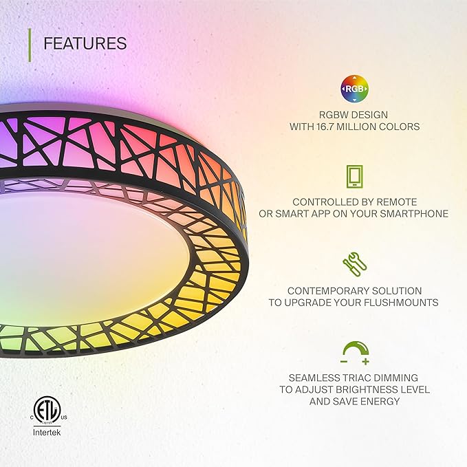 ASD 12 Inch Smart RGBW Flush Mount Ceiling Light with Remote - Matte Black 20W 120V 2700-6500K Dimmable Ceiling Light Fixture, WiFi App Control RGB Lights, Alexa & Google Assistant - ETL