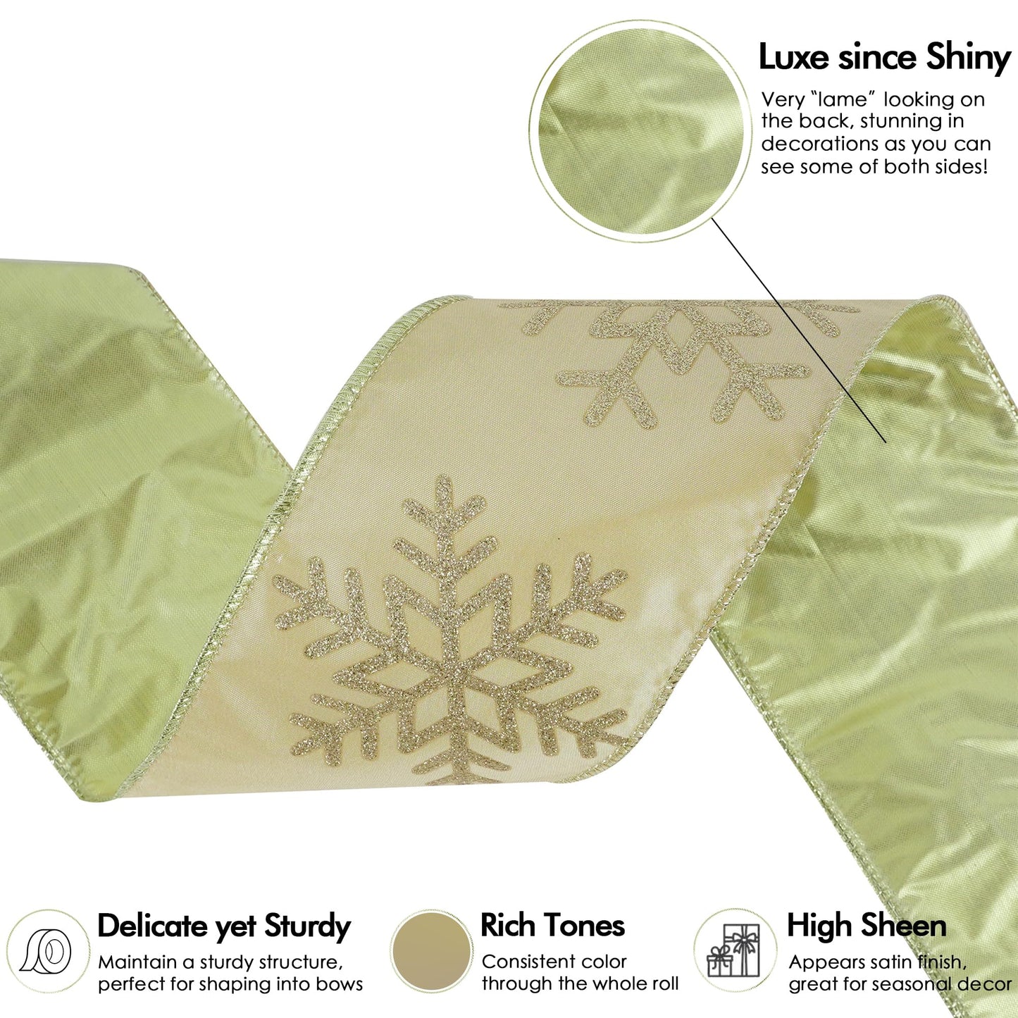 MEEDEE 4 Inch Champagne Gold Snowflake Ribbon Satin Wired Christmas Tree Ribbon with Champagne Glitter Snowflake 10 Yards Champagne Gold Ribbons for Christmas Tree, Garlands, Topper Bow