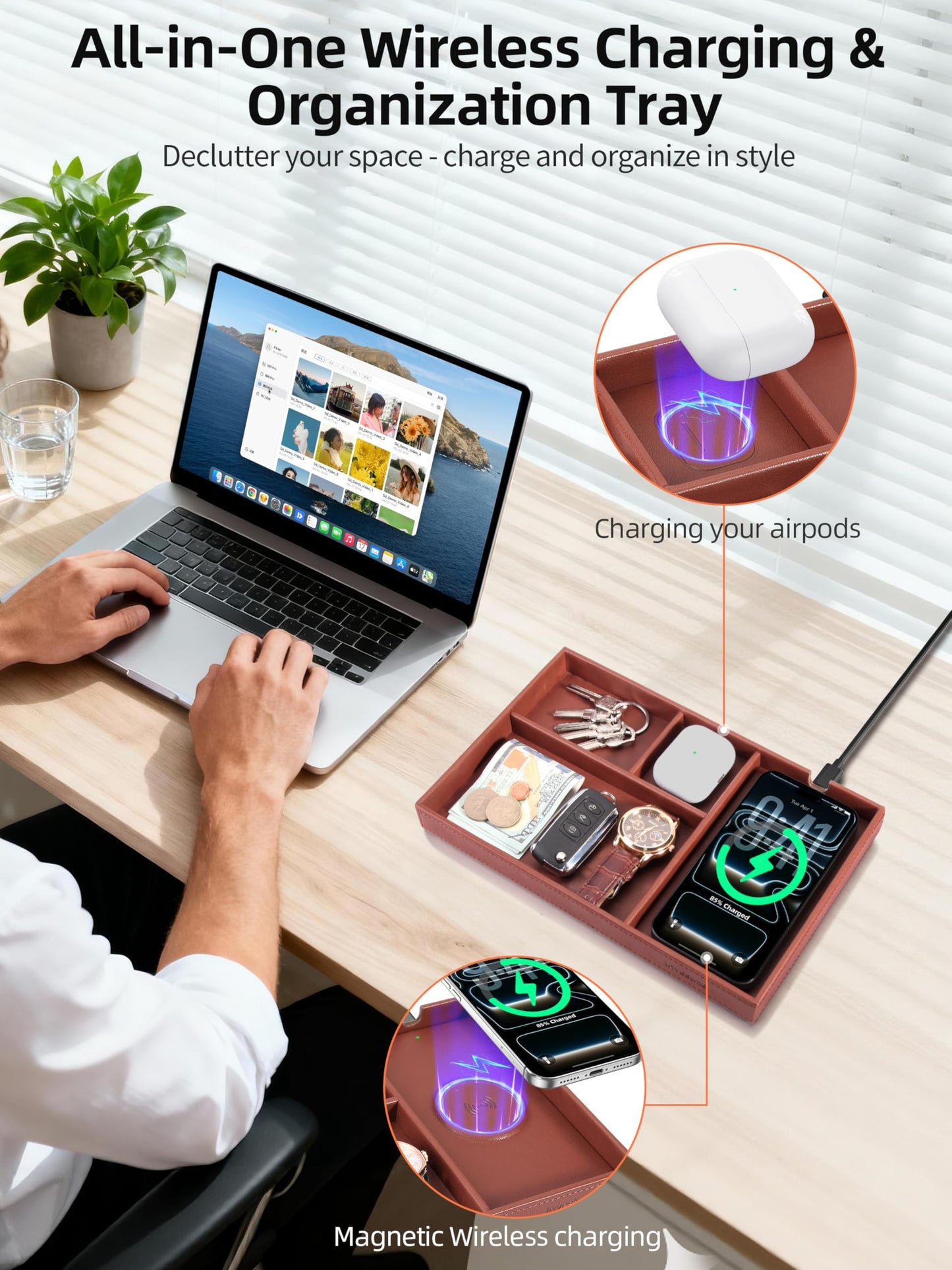 Investme Valet Tray, Built in Wireless Charger, Nightstand Organizer, Mens Jewelry Box, Dresser Organizer, Valet Charging Station, Faux Leather Valet Tray for Men and Women, Brown