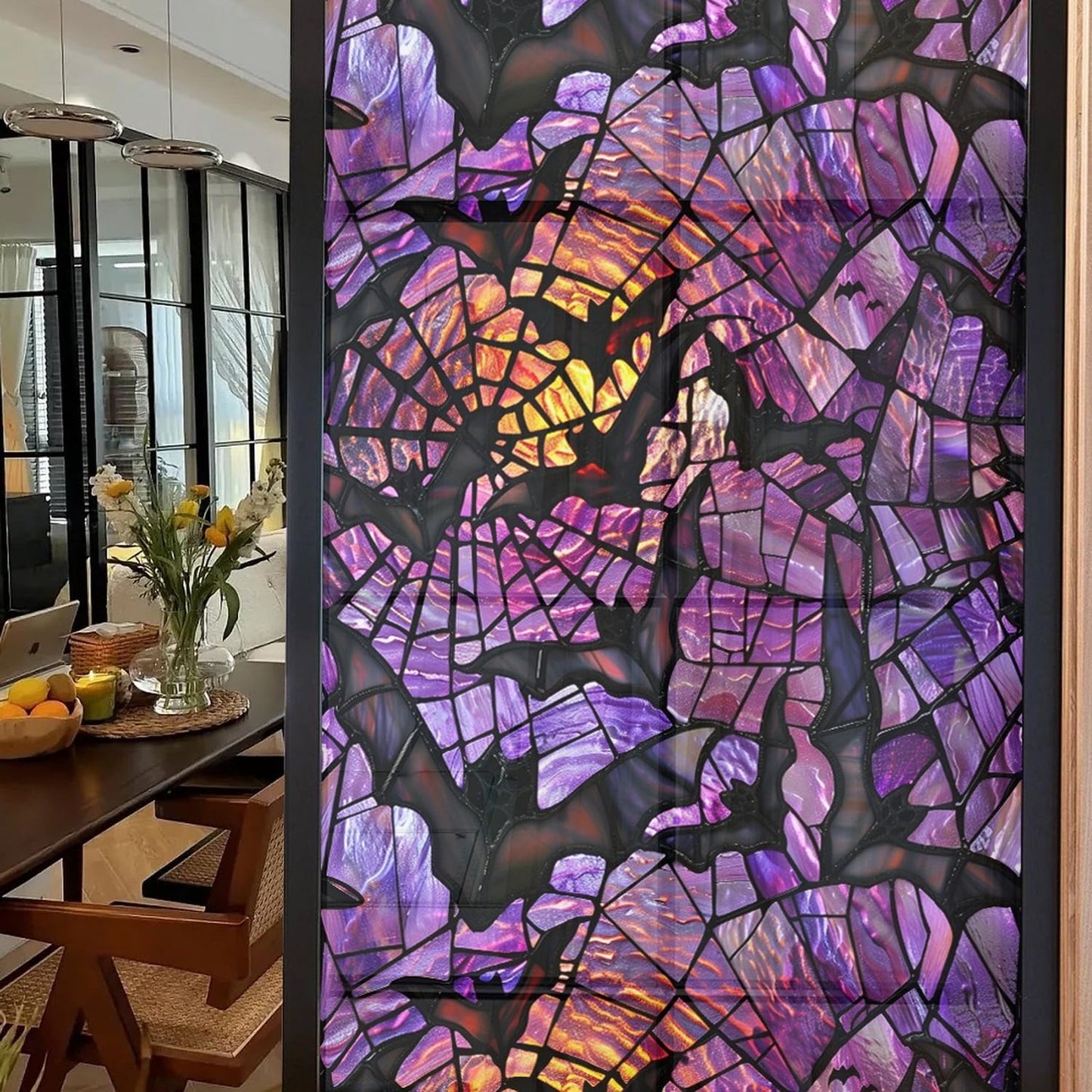 Halloween Window Stickers Privacy Film Static Window Sticker Decal Halloween Bat Window Decals Film Purple Stained Glass Clings Windows Art for Home School Office Glass Decoration