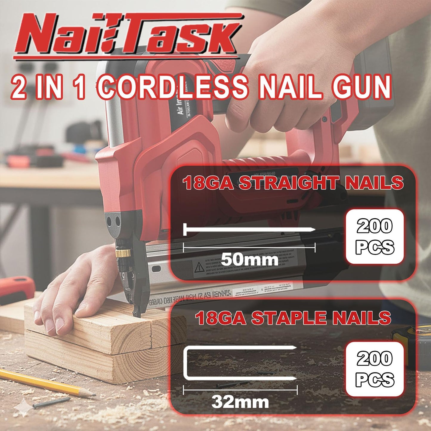NailTask 20V 18 Gauge Cordless Nail Gun Safety Pin 2 Inch Power Brad Nailer with 18GA Machine Electric Staple 2 in 1 Gun Nails Kit for Wood Upholstery DIY Framing Home Improvement (No Battery)