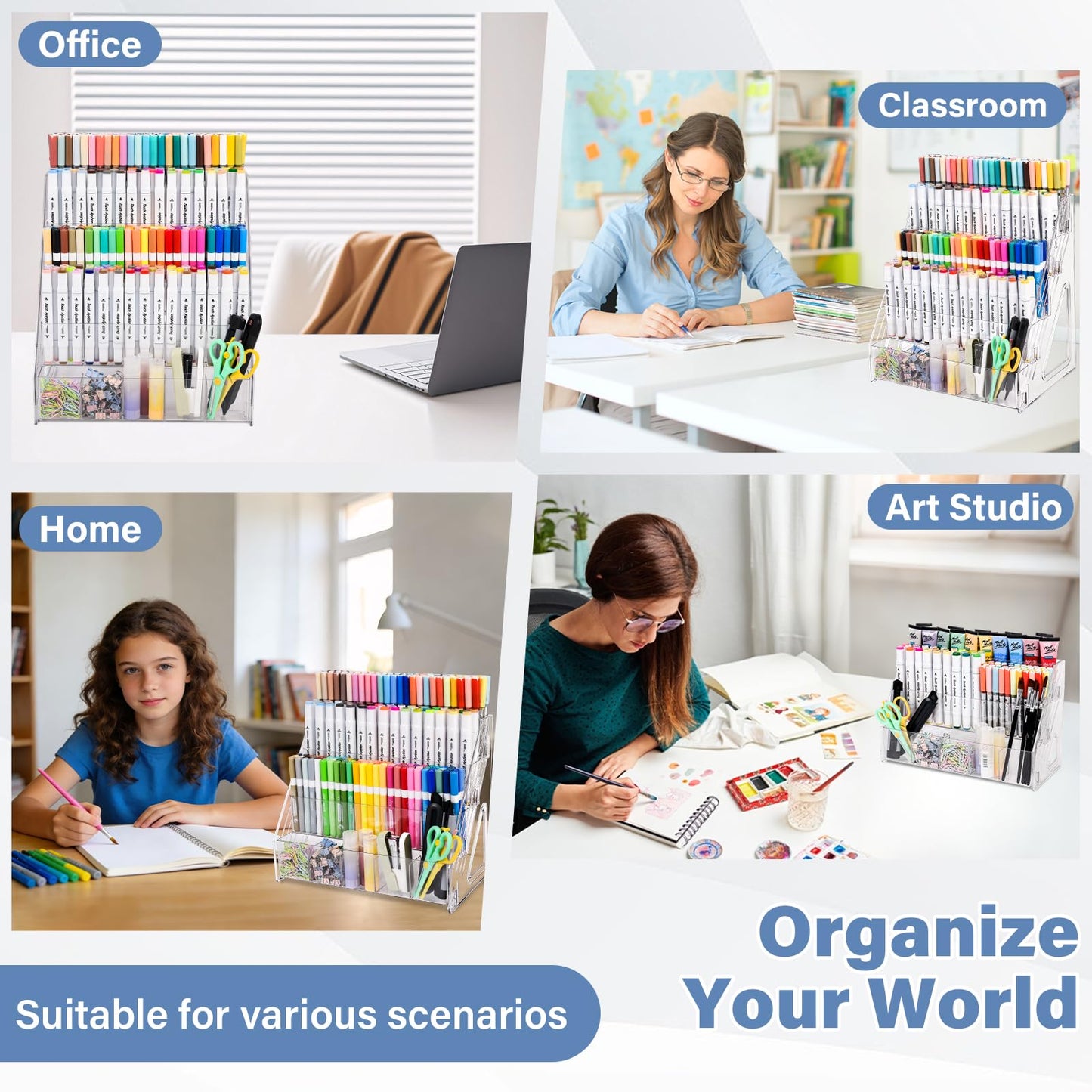 CELSOL Acrylic Pen Holder – 3 Tier 15 Compartments Vertical Storage for Markers, Pens & Art Supplies – Clear Desk Organizer for Home, School & Office – Ideal for Space-Saving & Desk Organization