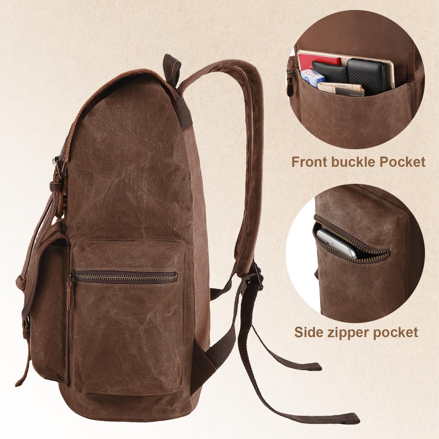 NEHOR Vintage Waxed Canvas Backpack Casual Genuine Leather Laptop Rucksack Shoulder DayPack for Travel/Hiking/School