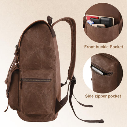 NEHOR Vintage Waxed Canvas Backpack Casual Genuine Leather Laptop Rucksack Shoulder DayPack for Travel/Hiking/School