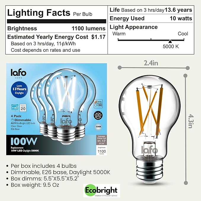 EcoBright 4PK Dimmable A19 LED Filament Bulb, 10W (100W Equivalent), E26 Base, 1100 Lumens, CRI90+, Flicker-Free Clear Glass, Energy Star Title 20, Daylight 5000K