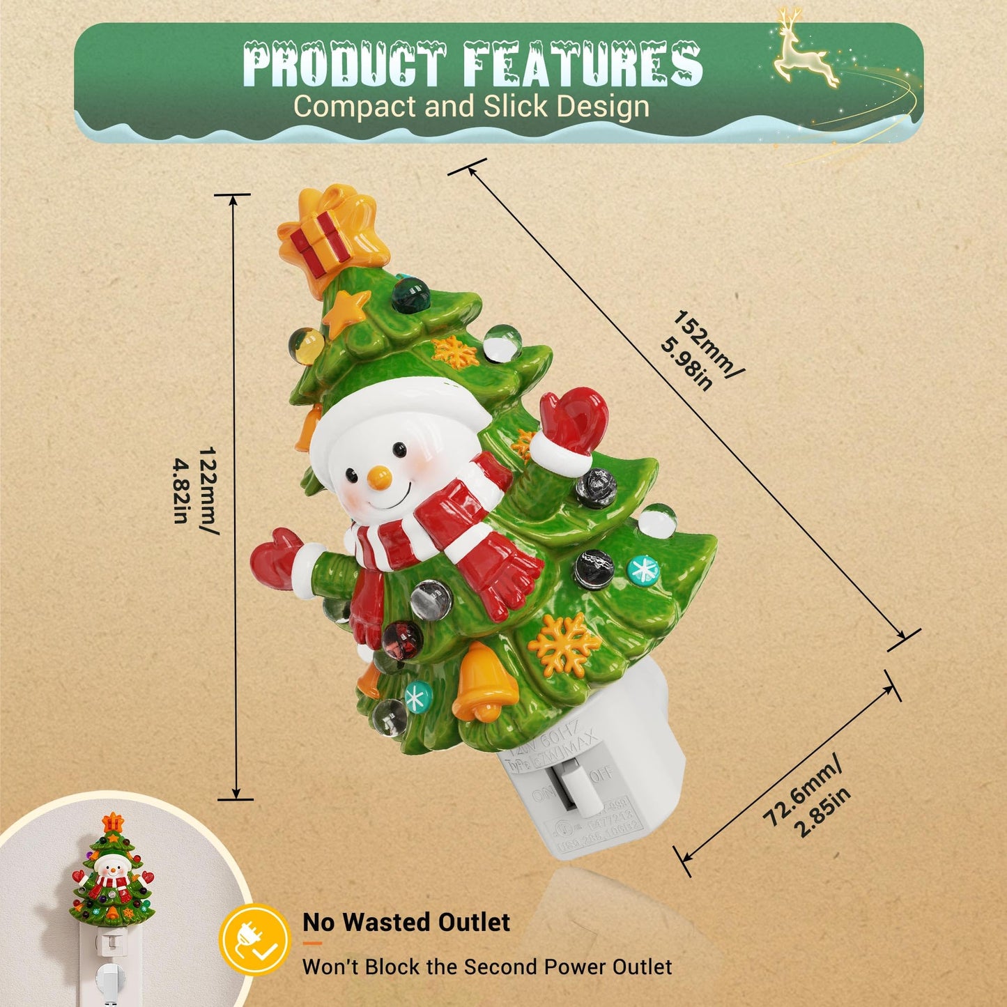 JandCase Christmas Tree & Snowman Night Light, 3000K Night Lights Plug into Wall,Cute & Funny Ceramics Christmas Night Light for Kids, 360° Rotatable for Home Party Decor,1 Pack