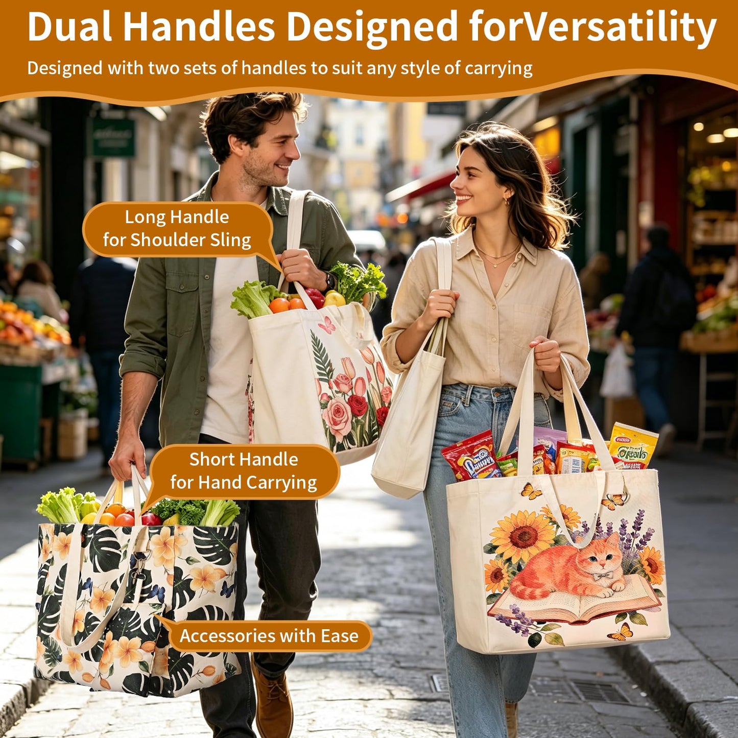 KIDJFGG Large Canvas Grocery Tote Bag, 3 Pack Heavy Duty Cotton Canvas Totes with Removable Bottom Support & Small Storage Pouch, Washable, 2 Handles Reusable Grocery Bags for Shopping, Women's Gift