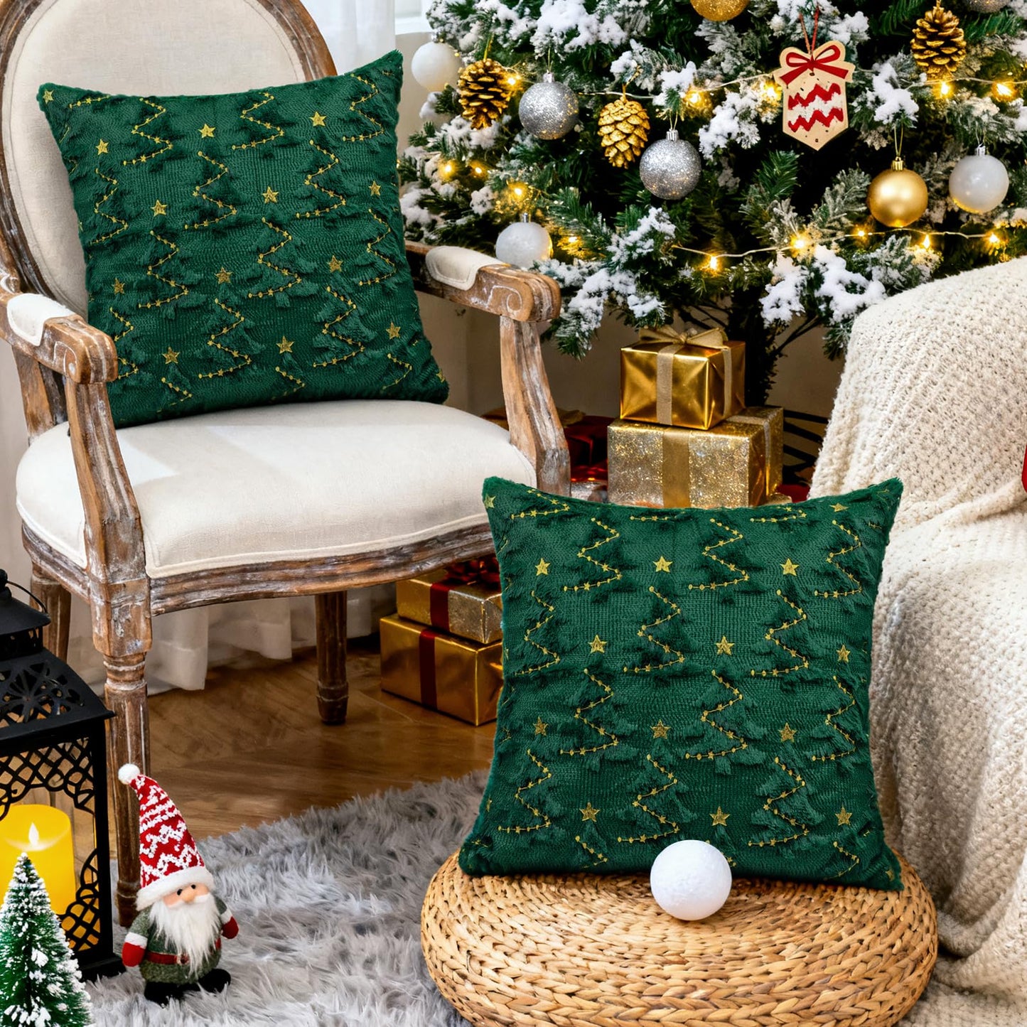 YIOTJUNL Christmas Pillow Covers 18x18 Set of 2 Soft Plush Embroidered Cushion Covers Decorative Gold Star Beige Christmas Tree Throw Pillow Cases Decorations for Winter Holiday Sofa Home Decor