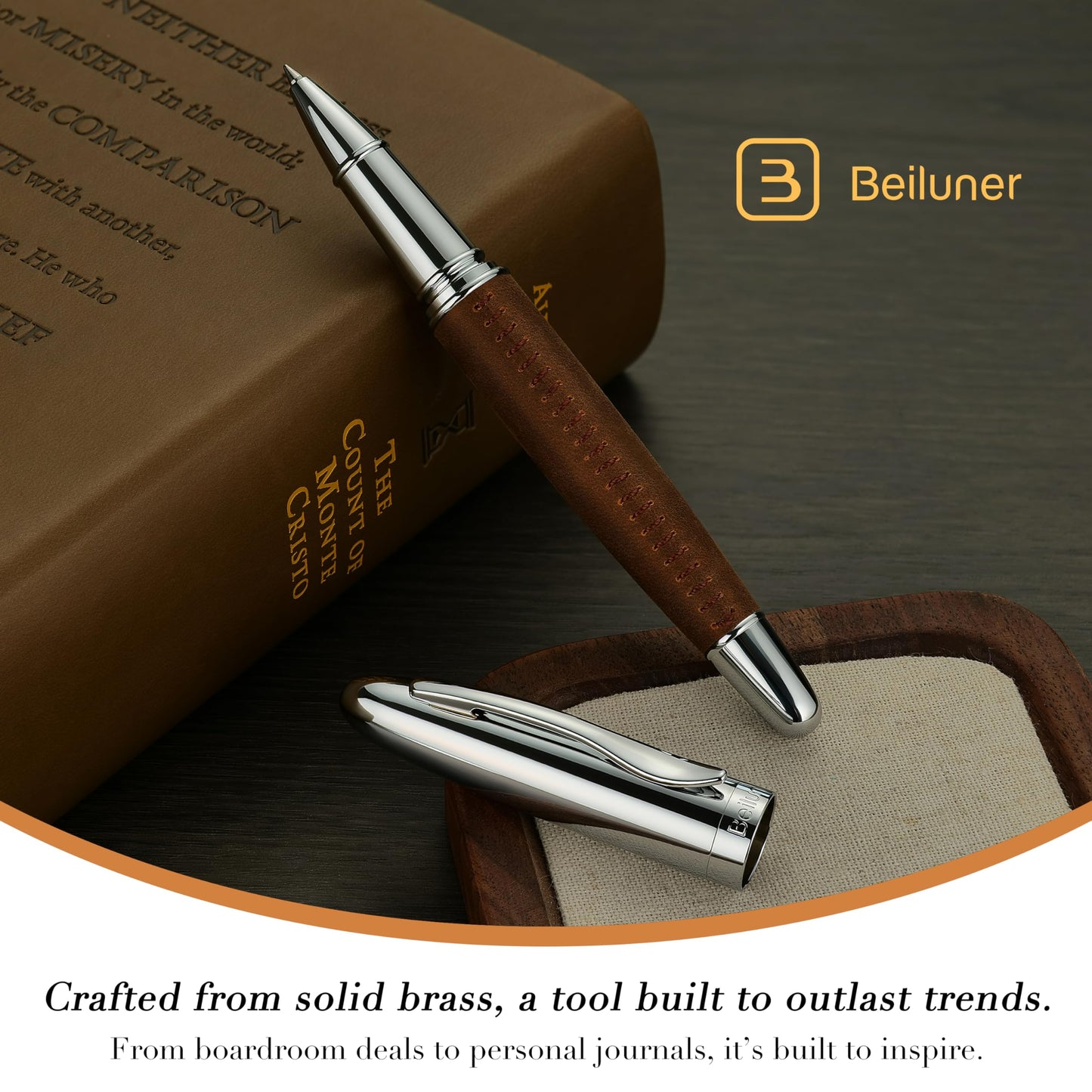 BEILUNER 318 Luxury Leather Pen, Full Grain Oil Tan Crazy Horse Cowhide Leather, Chrome-Plated Finish, Schmidt Ink Refill, Best Rollerball Pen Gift for Men & Women,Executive, Professional, Nice Pens