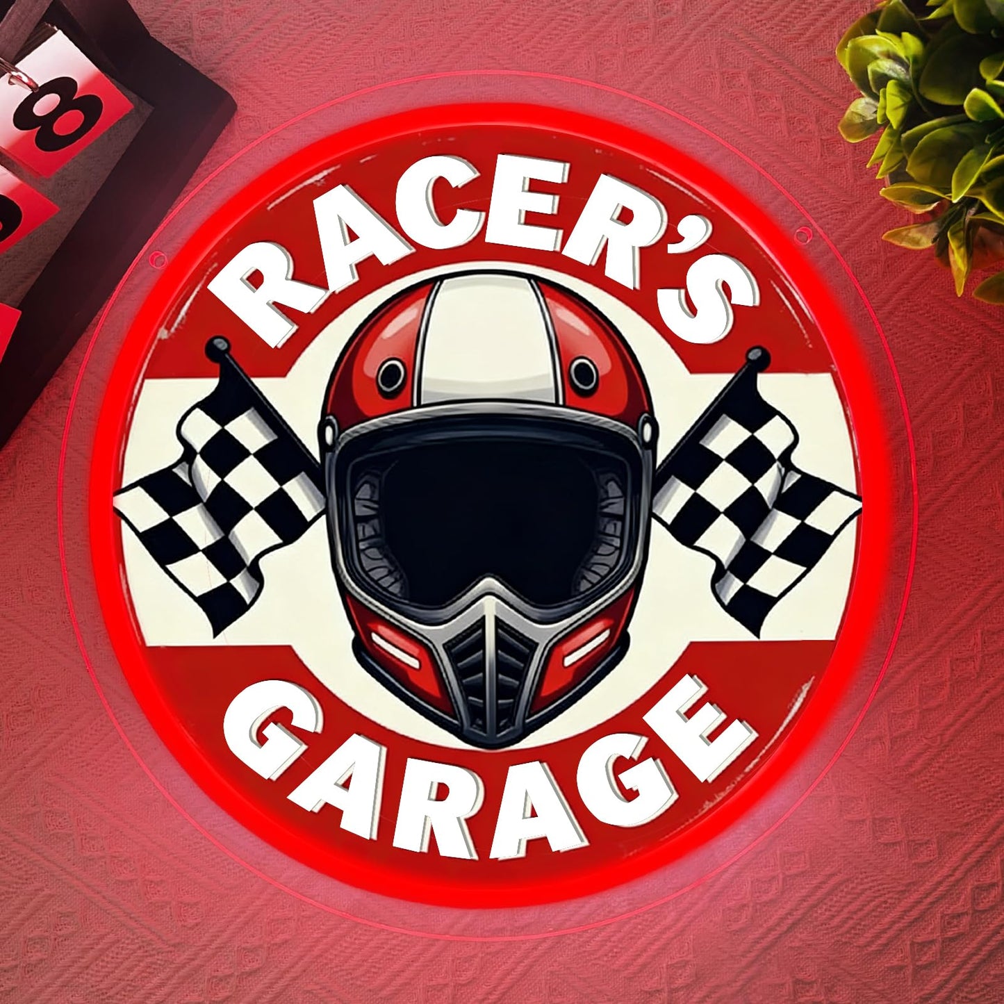 RuCvixkt Racers Garage Neon Sign, LED Motocycle Helmet Neon Light, Garage Neon Signs Man Cave Game Room Wall Decor, Neon Lamp Gift for Boys Motorcyclist Fans