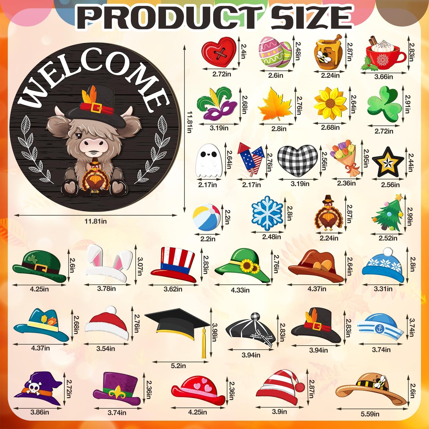 Vicenpal 35 Pcs Patriotic Interchangeable Highland Cow Welcome Sign Highland Cow Seasonal Wooden Hanging Door Decor 4th of July Farmhouse Hanging Sign for Graduation Party Decor