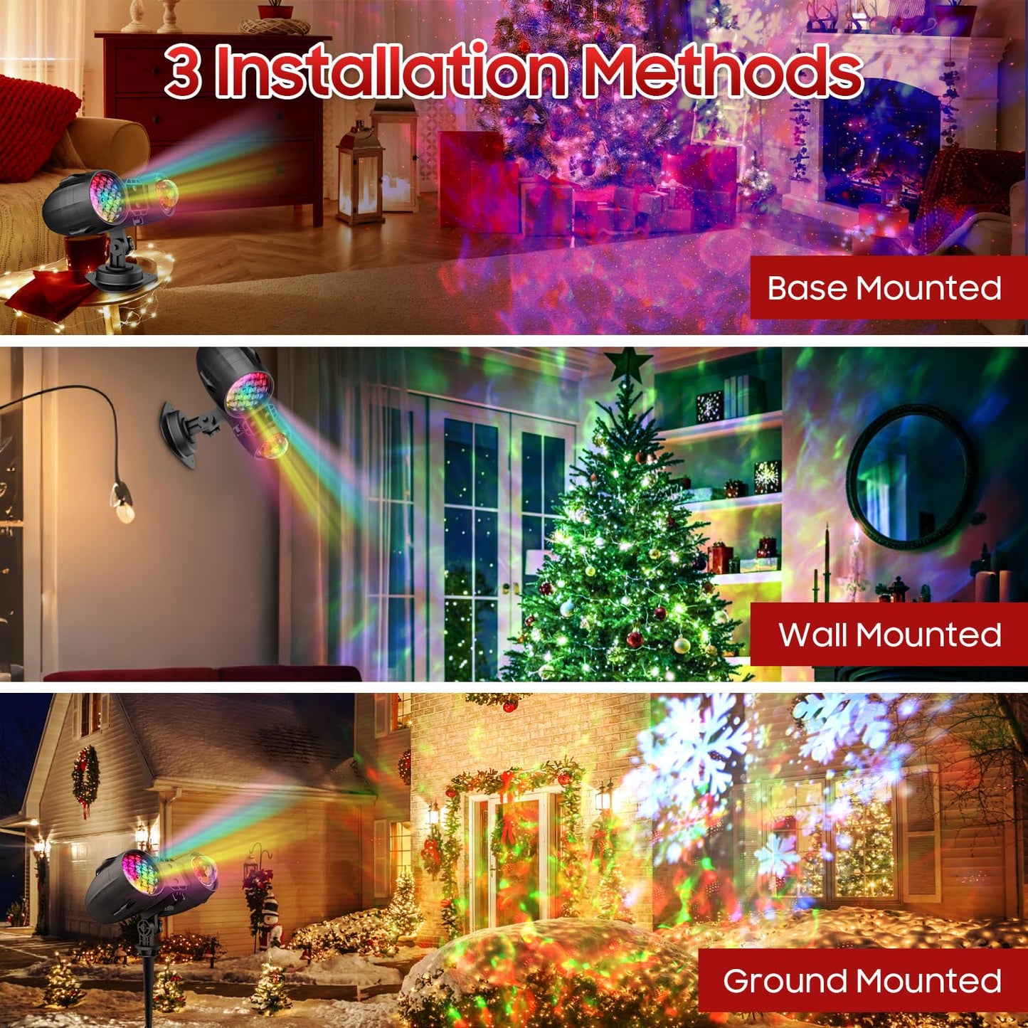 3-in-1 Christmas Projector Lights Outdoor, Holiday Light Projector with Snowfall Storm, Ocean Wave & Red Green Laser Effects, Dual Lens IP65 Waterproof Decorations w/Remote, Timer & Adjustable Speed
