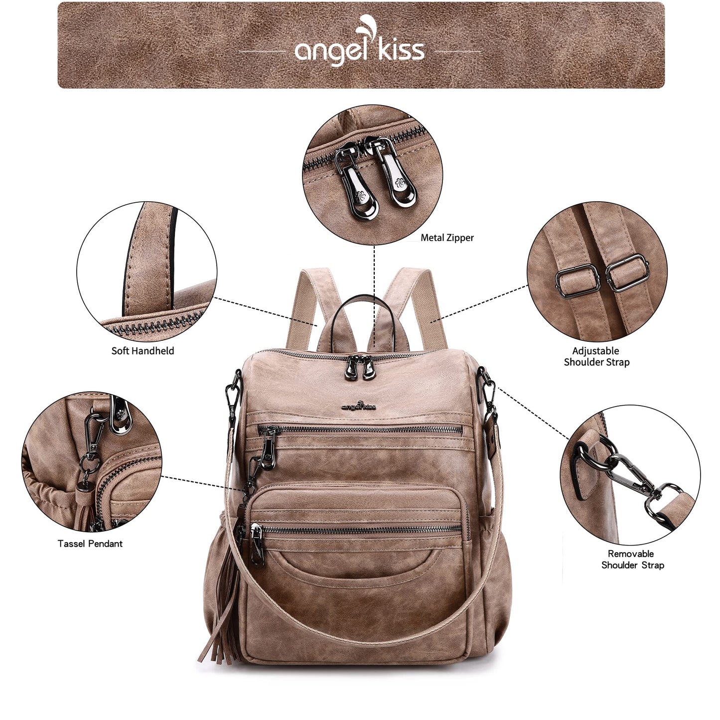 Angel Kiss Backpack Purse Women PU Leather ladies fashion shoulder bag Casual Tassel Zipper Backpacks(Taupe)