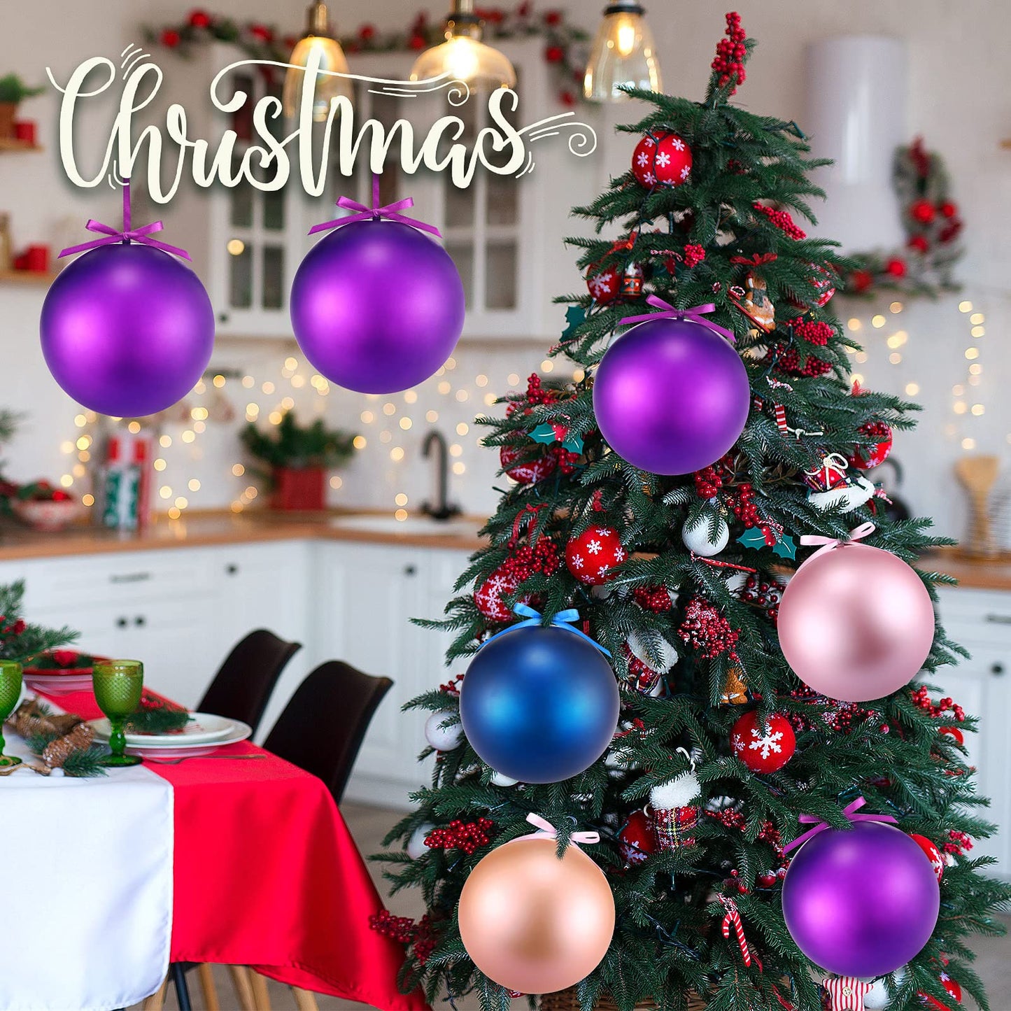Zubebe 2 Pcs 8" Giant Fillable Christmas Ornaments with Ribbons Oversized Plastic Xmas Balls for Outdoor Lawn Yard Decor, Tree Hanging, Holiday Gifts(Matte Purple)