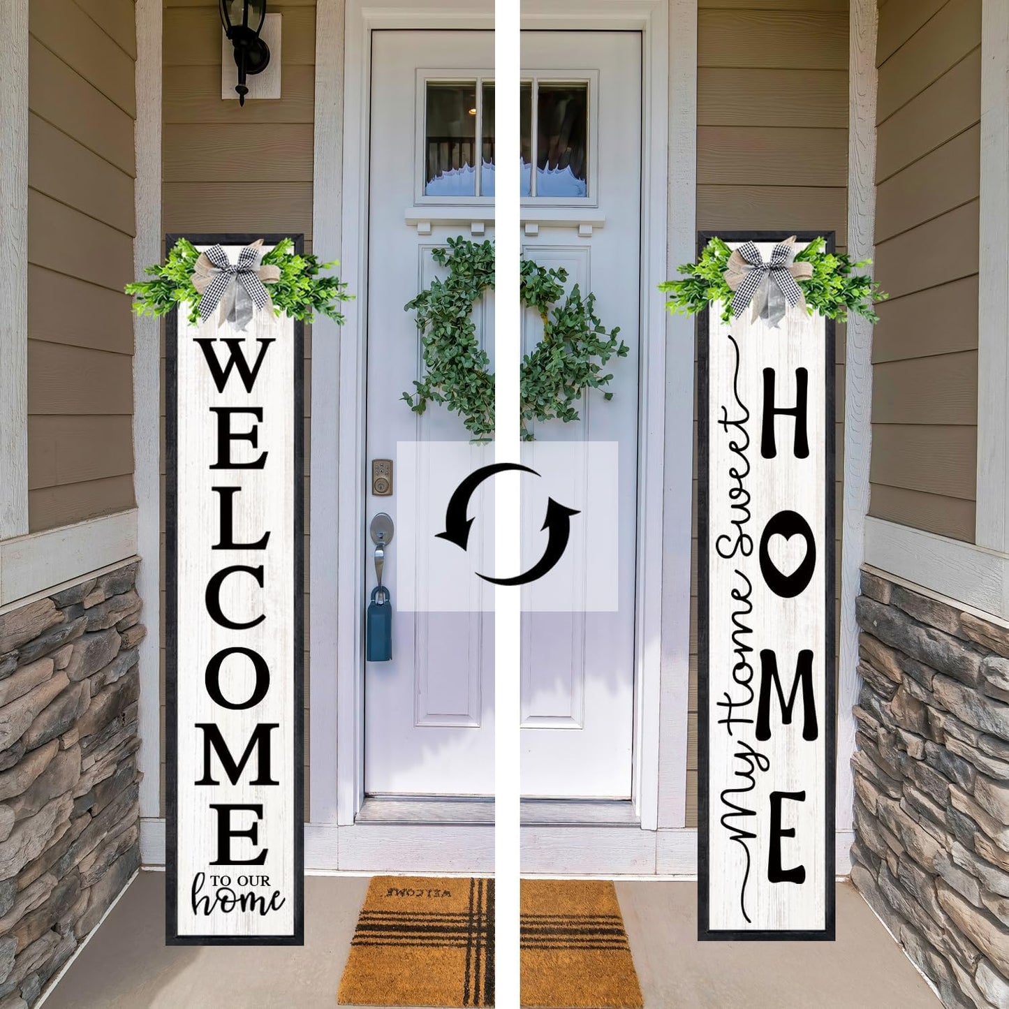Double-sided Welcome Sign for Front Door, 45"X9" Wooden Welcome to Our Home Outdoor Welcome Signs for Porch with Magnetic-adhesive Wreath, 2in1 Vertical Tall Welcome Porch Sign, Black