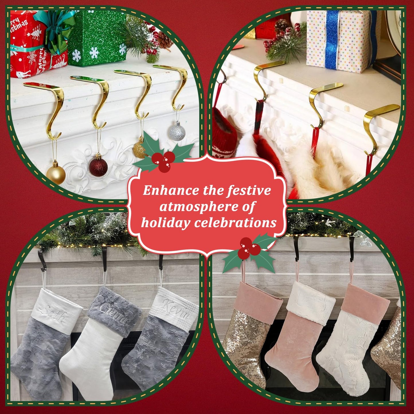 Edoneery Christmas Stocking Holders for Mantle with Silicone Anti-Slip Strips, Fireplace Mantel Stocking Hangers for Shelf, Garland Grips Hooks for Xmas & Family Party Decoration (Black, 4)