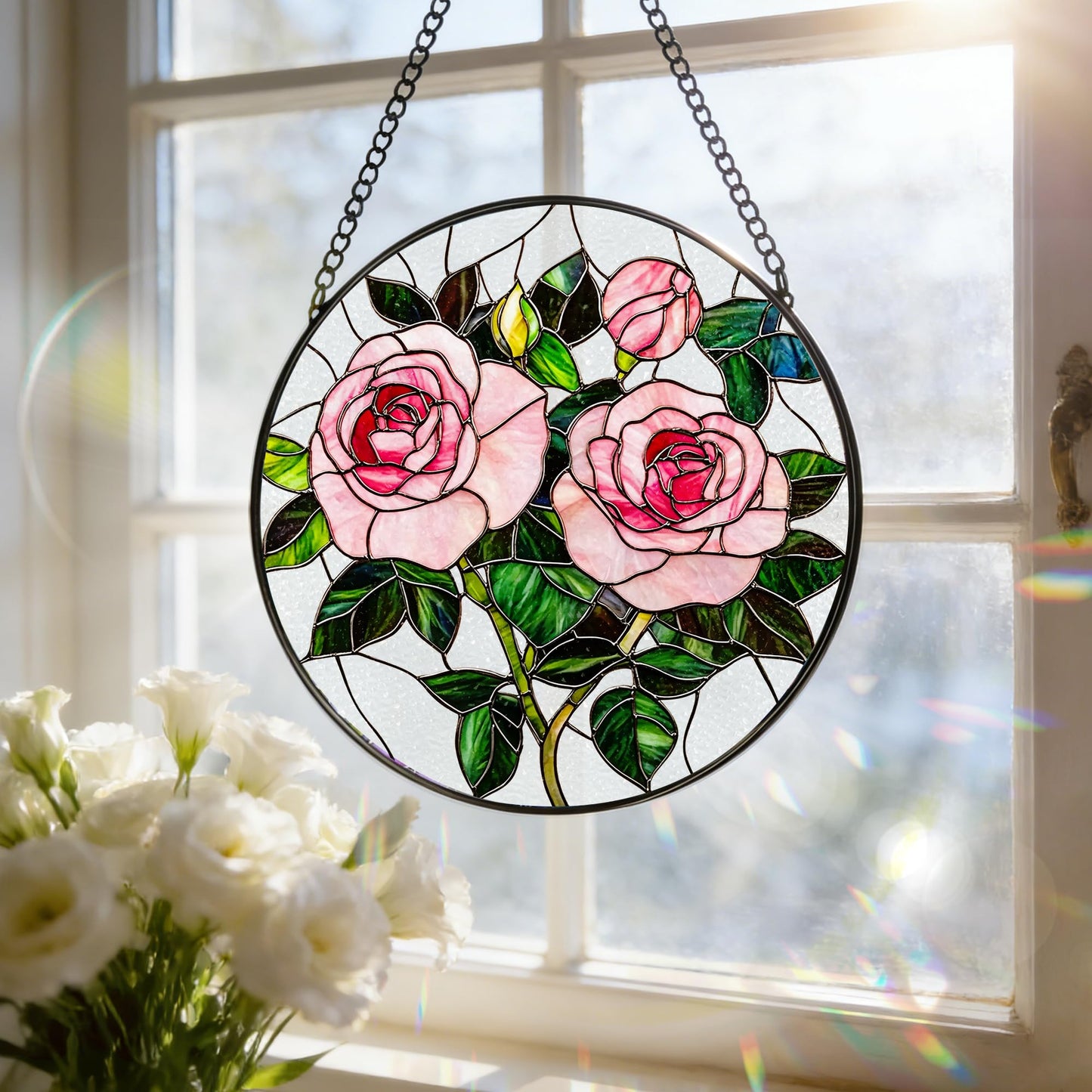Stained Glass Window Hanging, 7.8 Inch Pink Rose Stained Glass Suncatcher Ornament, Floral Window Hanging Sun Catcher for Indoor Window, Flower Lover Gift, Gifts for Mom, Grandma, Friends & Sisters