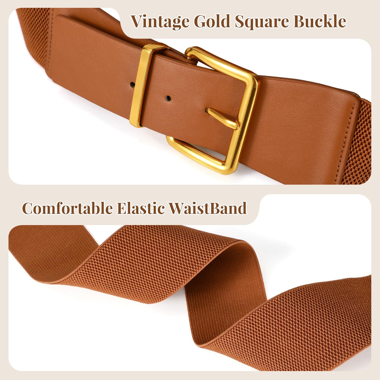 TRIWORKS Women Wide Elastic Belt for Dresses Vintage Stretchy Waist Belt with Gold Chunky Buckle,Brown