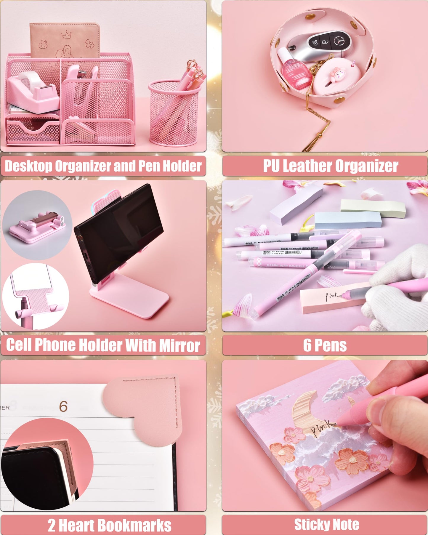 Pink Desk Accessories, 24Pcs Pink Office Supplies and Desk Organizers, with Tape Dispenser, Stapler, Staple Remover, Ect, Gift Box Packaging