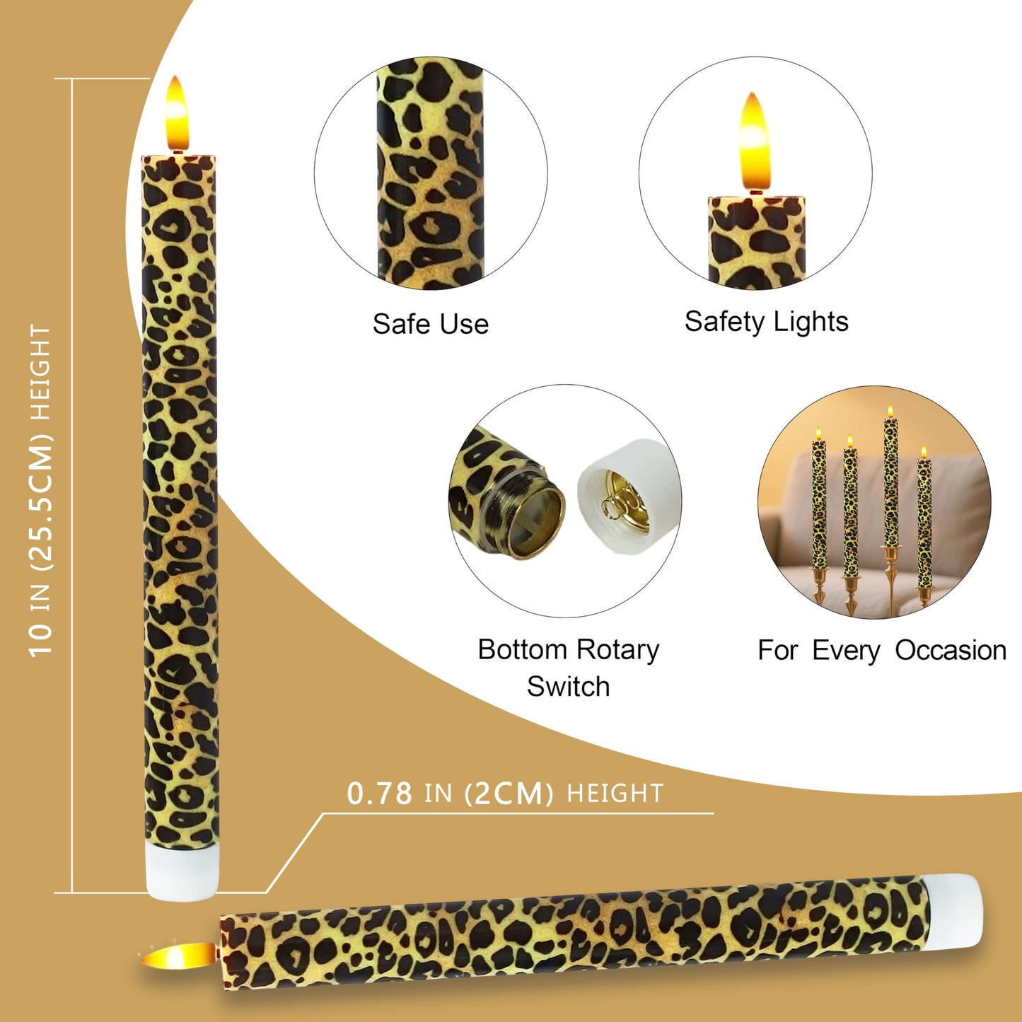 SEUCRWAX 10 Inch Flameless Taper Candles,LED Candlesticks Battery Operated with 10-Key Remote and Timer,4p Flame Lights for Wedding Decoration Party(Leopard)
