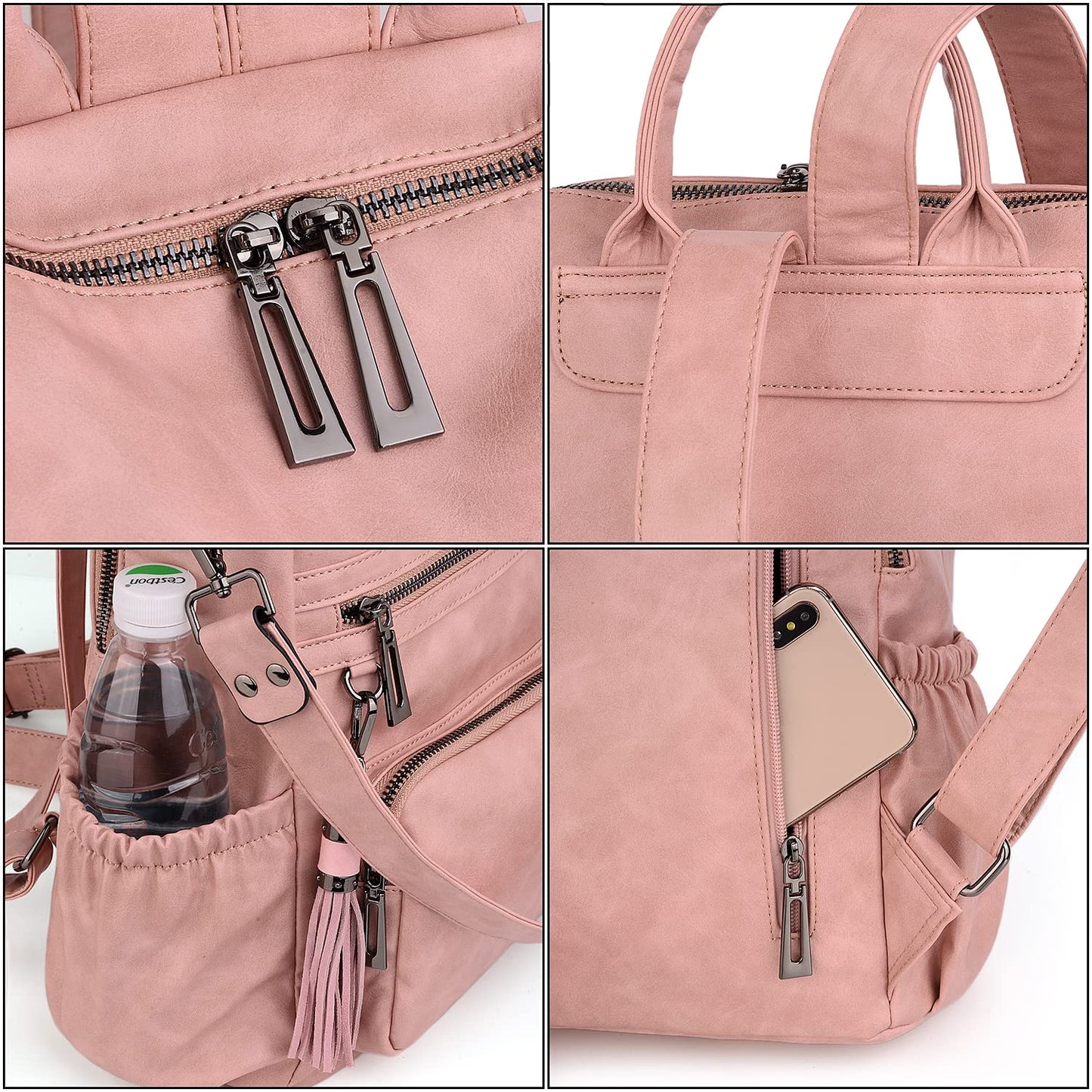 UTO Women Backpack Purse Oil Wax PU Leather Ladies Fashion Designer Rucksack Convertible Travel Shoulder Bag with Tassel Pink