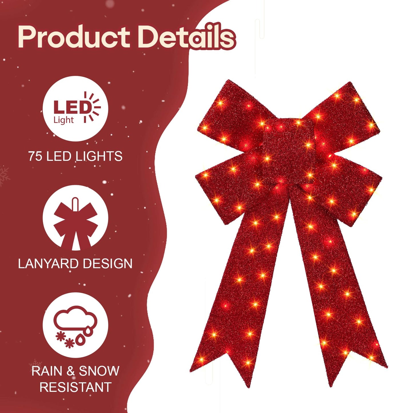 30 Inch Lighted Christmas Bow, 75 LED Pre-lit Outdoor Christmas Bow Decoration, Large Lighted Xmas Outdoor Bow for Front Door, Windows, Wall, Garage Decoration