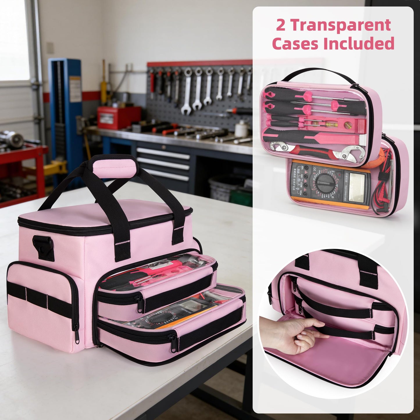 Trahzia Pink Tool Bag for Women with 2 Clear Pouches, 12-inch Tool Storage Organizer, Double Layer Tool Box for Electrician, Carpenters, Repairman, Pink