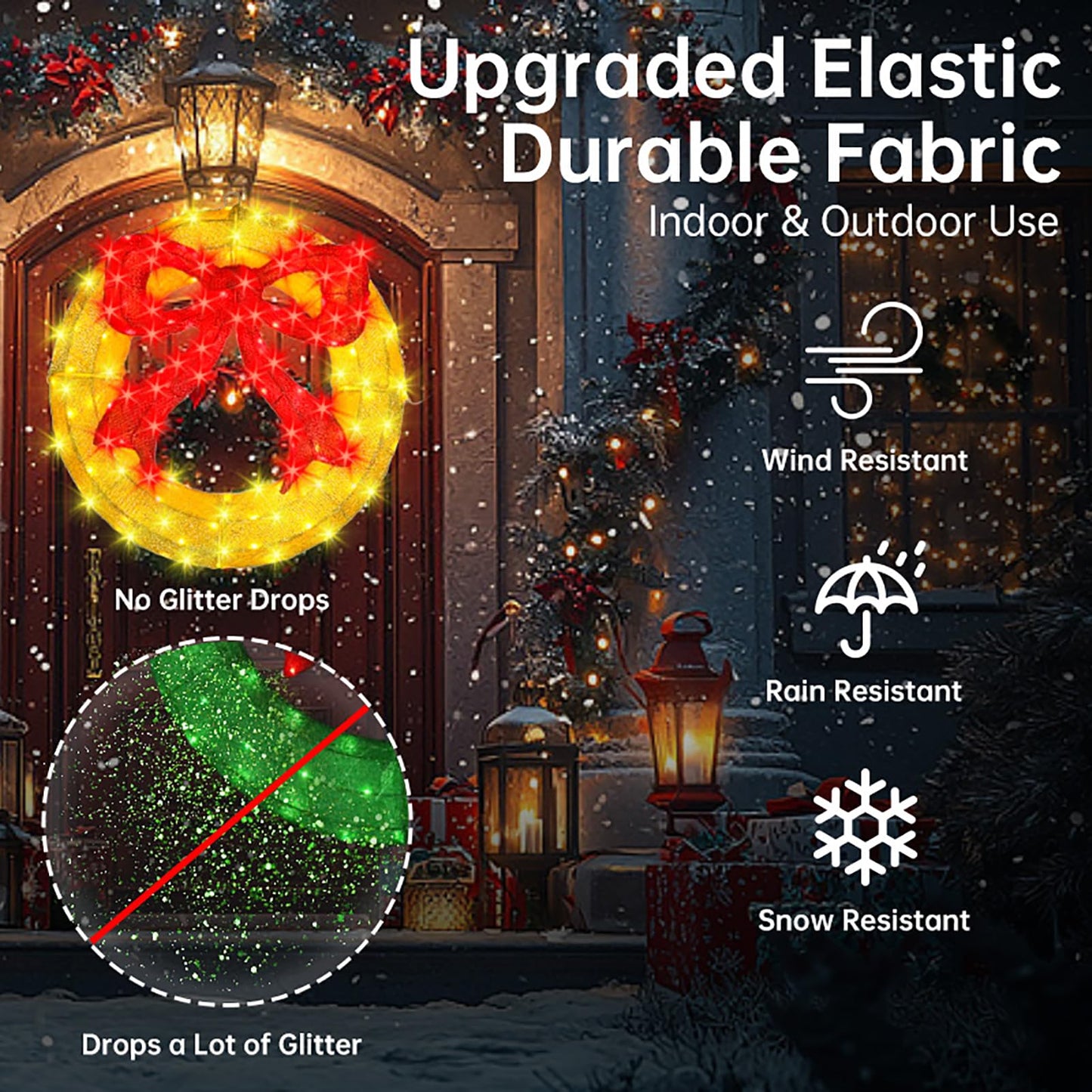 Outdoor Christmas Wreath Decoration - 24" Bright LED Christmas Wreath Lights with Bow, Large Lighted Christmas Wreaths Window Lights for Wall, Windows, Front Door Decor, Red Bow - Gold Wreath