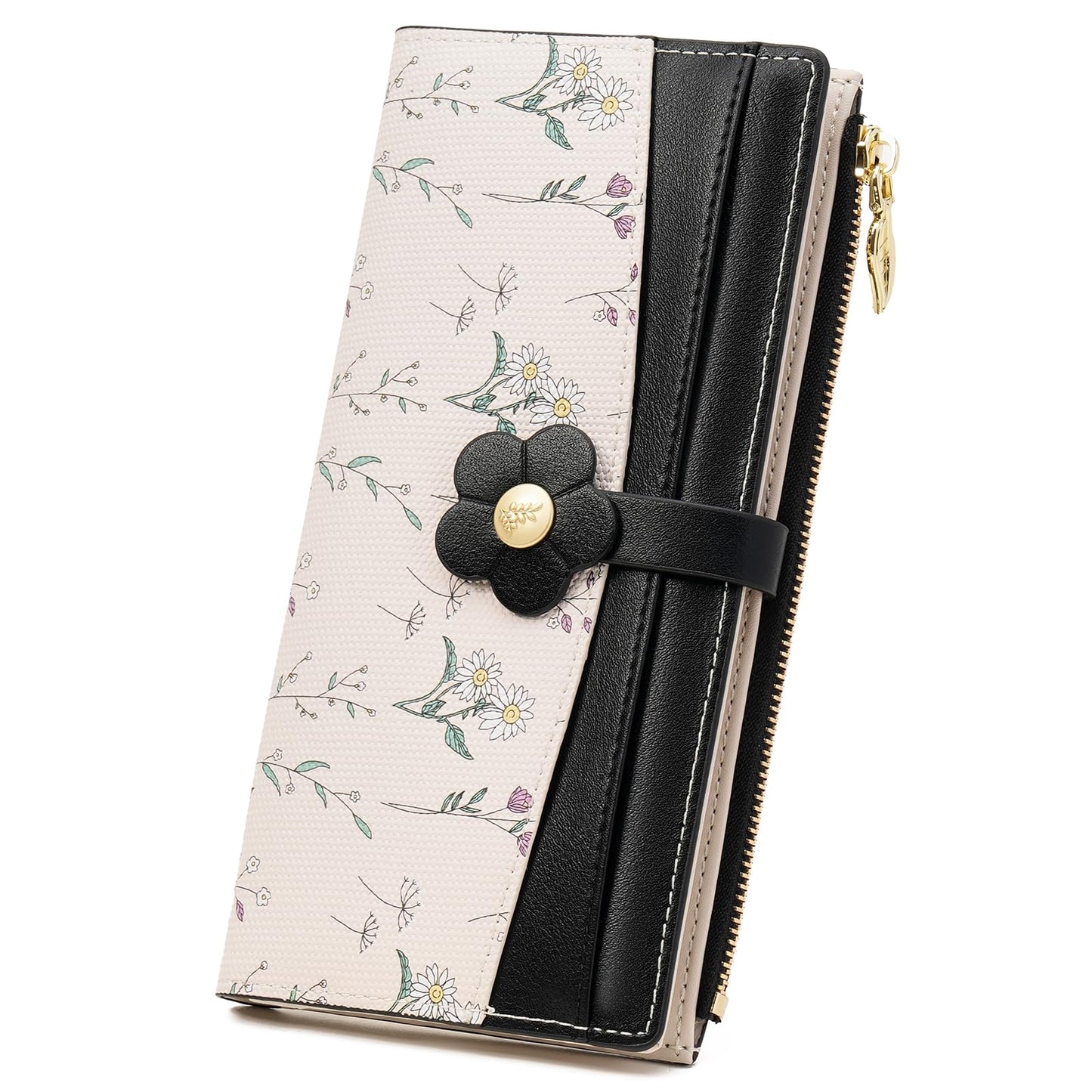 GAEKEAO Womens Wallet Slim Thin RFID Blocking Bifold Floral Vegan Leather Card Holder Large Capacity Wallet with Zipper Pocket