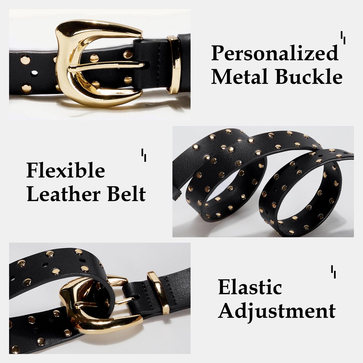Asaloy Women's Studded Genuine Leather Belts,Adjustable Womens Waist Belts for Jeans Dresses and Pants Punk Belt (Black gold+White gold belt(2P), Waist circumference 27-36 inches)